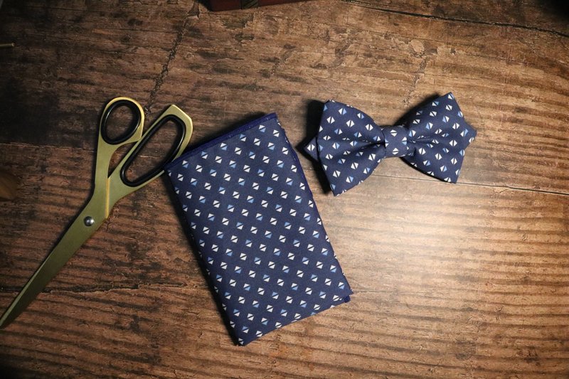 Blue geometric bow tie pocket towel suit gentleman's versatile suit - Ties & Tie Clips - Cotton & Hemp 