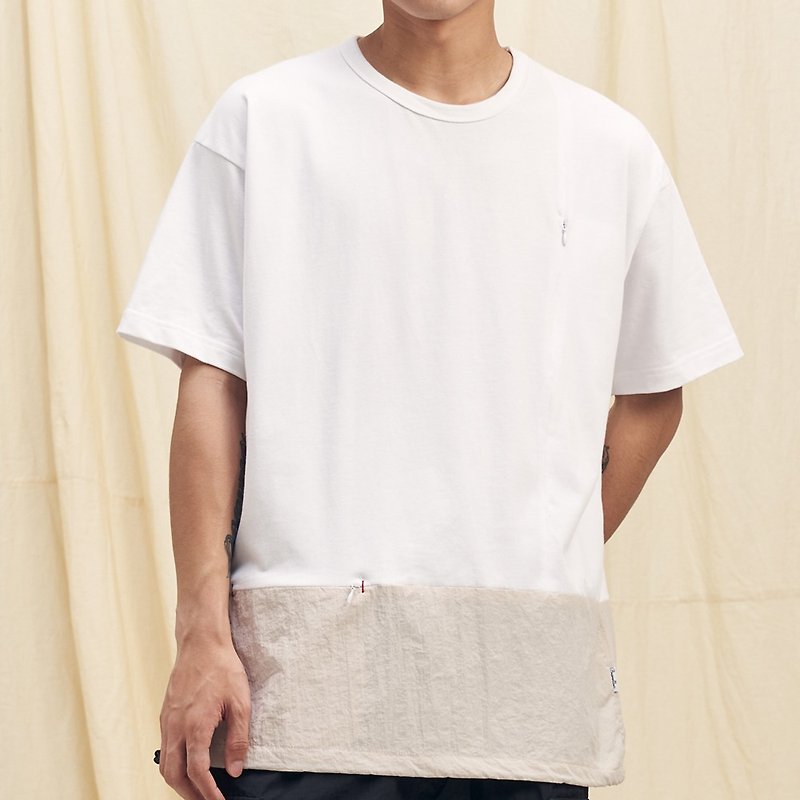 Oversize Patchwork Zip Pocket Tee /cotton/shirt/henley - เสื้อยืดผู้ชาย - ผ้าฝ้าย/ผ้าลินิน ขาว