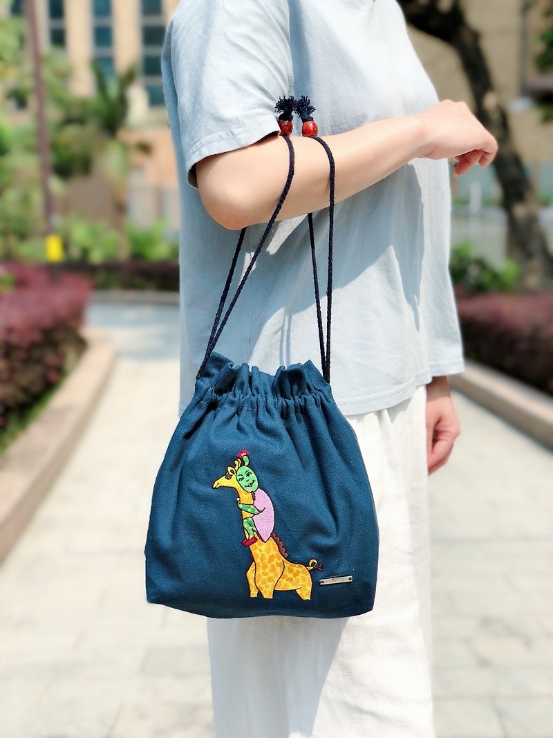 Belongs To J. Embroidered Cotton Canvas Drawstring Tote bag - Giraffe With Me  - Messenger Bags & Sling Bags - Thread Blue