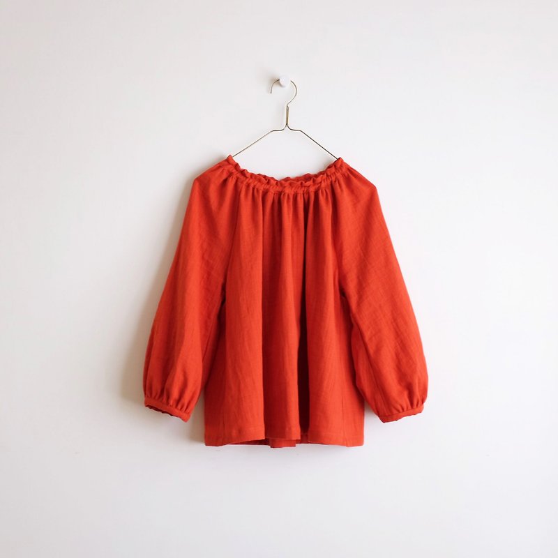 日常手作服  橘紅泡泡袖鬆緊罩衫 純棉二重紗 - 女裝 上衣 - 棉．麻 紅色