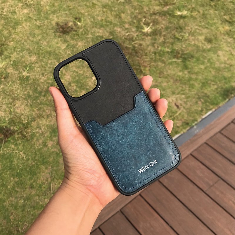 【iPhone Case W/CardSlot】Black Pueblo | Embossed | Handmade Leather in HK - Phone Cases - Genuine Leather Black