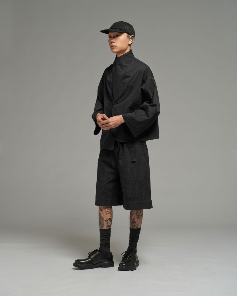 Unisex: Asymmetrical Blazer (Black Stripe) - 男西裝外套 - 棉．麻 黑色