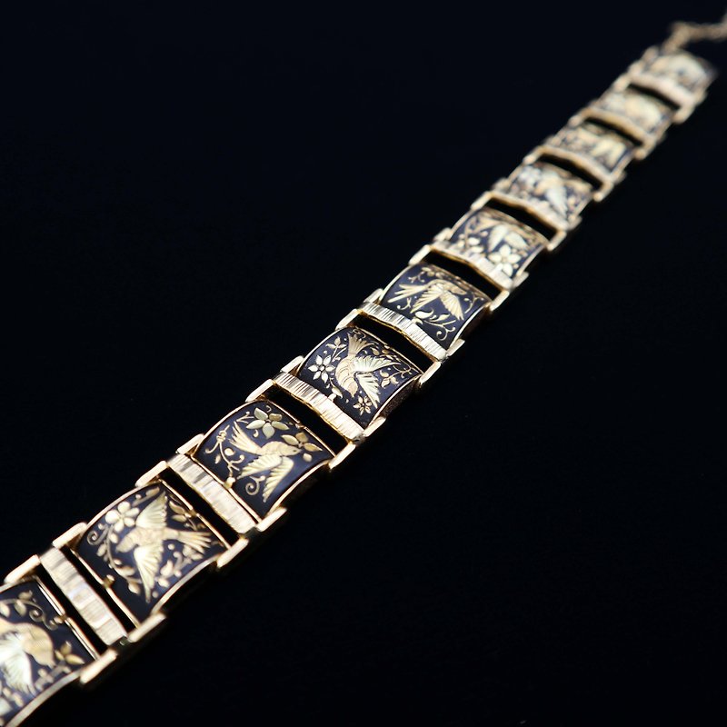 Pumpkin Vintage. Spanish handmade 24K inlaid golden bird bracelet - Bracelets - Other Metals 