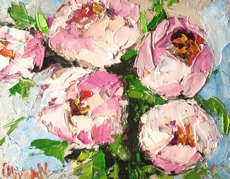 Peony Painting Impasto Flower Original Art Floral Wall Oil Painting - โปสเตอร์ - วัสดุอื่นๆ หลากหลายสี