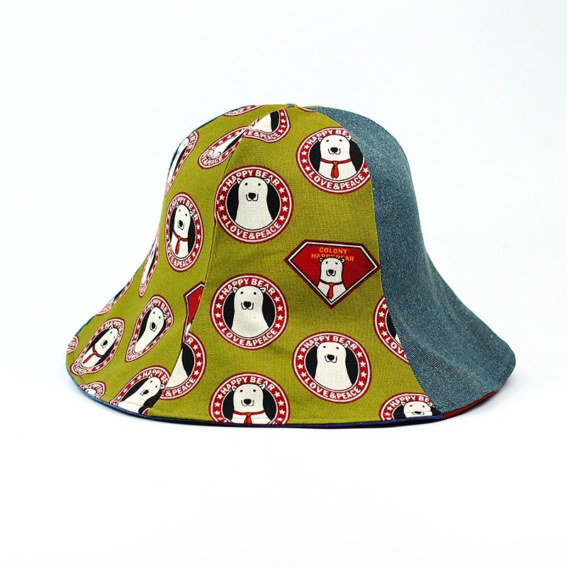 Calf Village Calf Village Handmade Double-sided Hat Customized Sunshade Neutral Polar Bear Animals Illustrated Super Hulls {handsome Bear} Olive Green [H-355] - หมวก - ผ้าฝ้าย/ผ้าลินิน สีเขียว