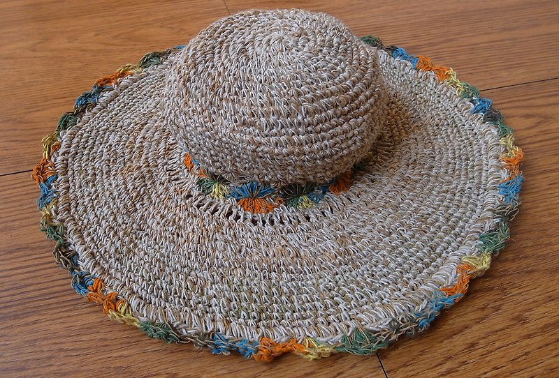 手織りリネンニットキャップ大きなつば麦わら帽子日よけ帽花オレンジ+グリーン+ブルー - 帽子 - コットン・麻 オレンジ