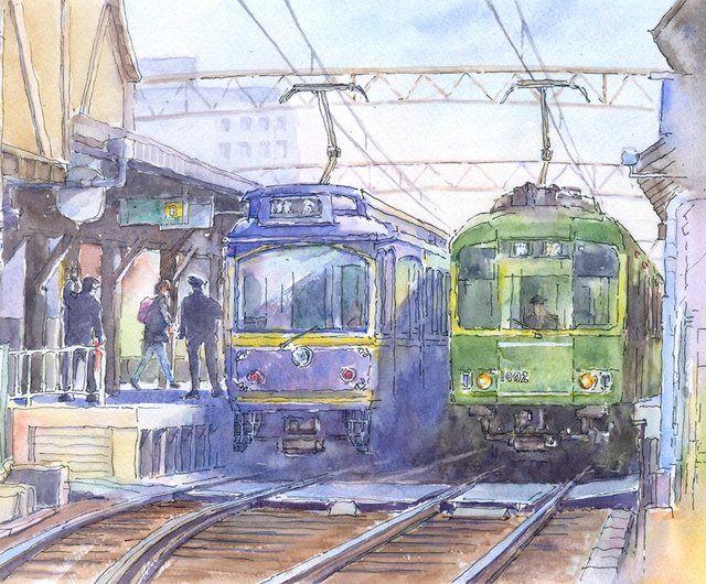 水彩画原画　江ノ電・江ノ島駅５