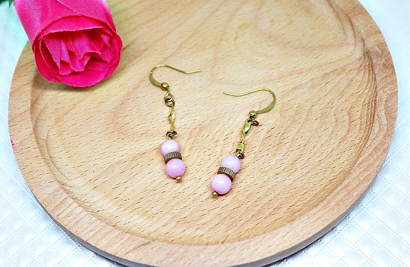 Bronze natural stone * X * rotary another on - hook, earrings - Earrings & Clip-ons - Gemstone Pink