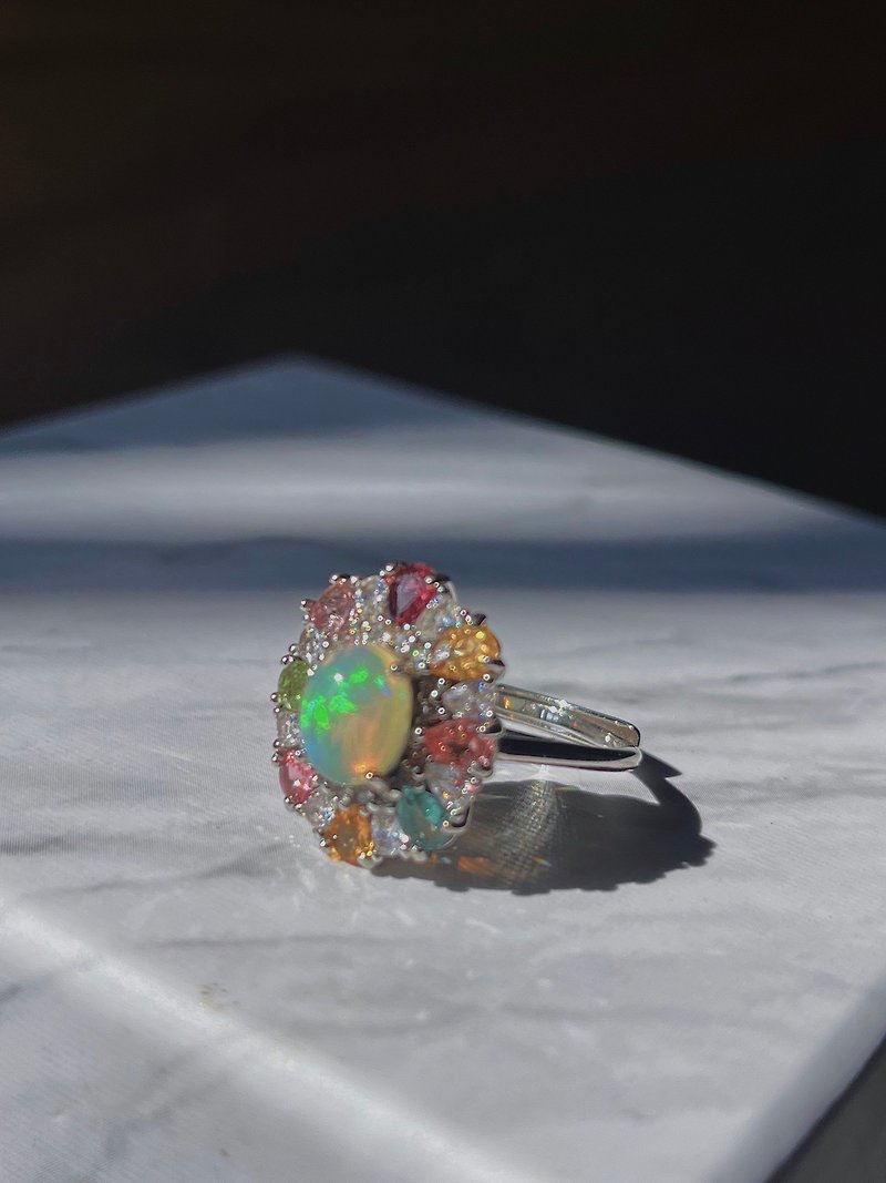 Jardin花園系列 天然大歐珀碧璽群鑲戒指 可調節 - 戒指 - 純銀 多色