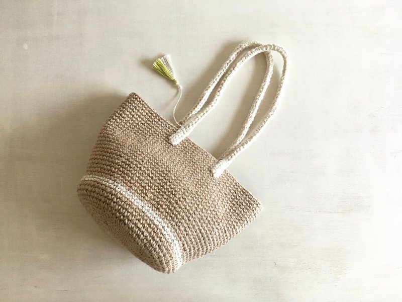 麻ひもバッグ tote White Line - 手提包/手提袋 - 棉．麻 卡其色