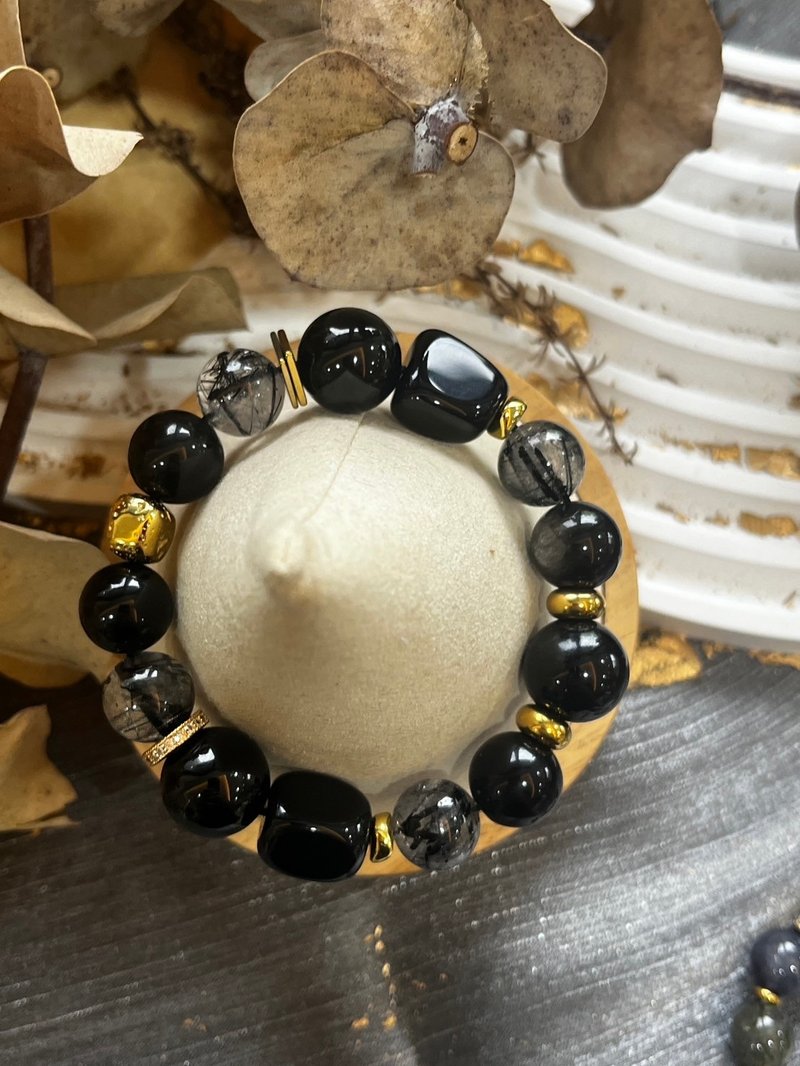 Customized crystal bracelet black tone black hair crystal black tourmaline obsidian gold obsidian black onyx - สร้อยข้อมือ - คริสตัล สีดำ