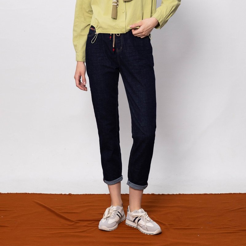 【ICare】 Drawstring Elastic Waist Plain Boyfriend Jeans - Women's Pants - Cotton & Hemp Blue