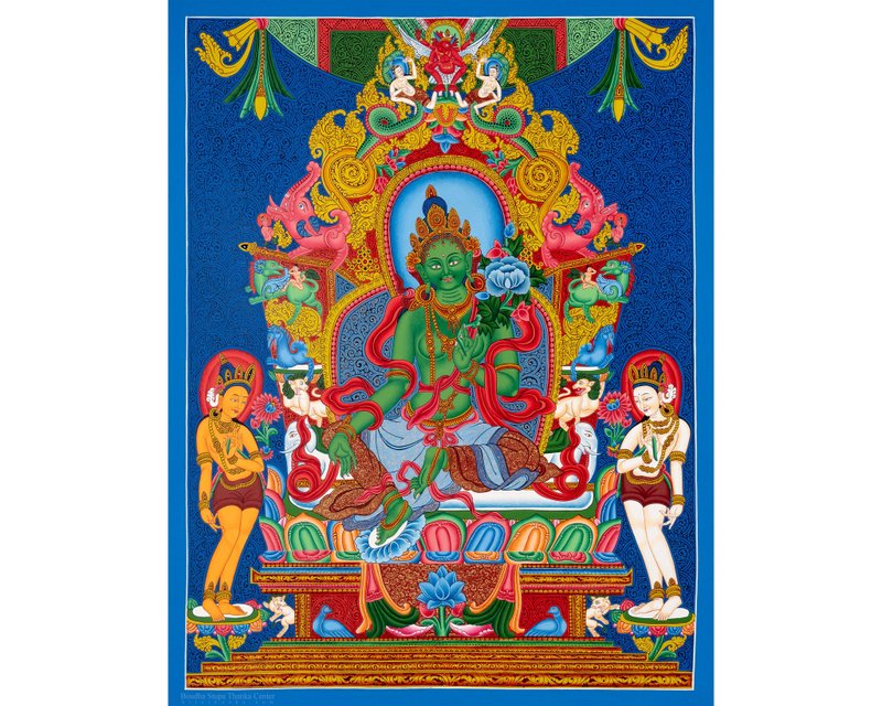 古董綠度母唐卡 - 啟蒙的象徵 - 壁貼/牆壁裝飾 - 其他材質 多色