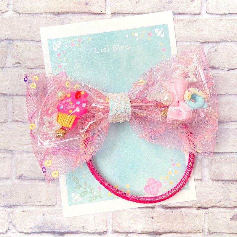 Clear tulle ribbon Cupcake Sequin tulle Vivid pink Hair tie - เครื่องประดับผม - วัสดุอื่นๆ สึชมพู