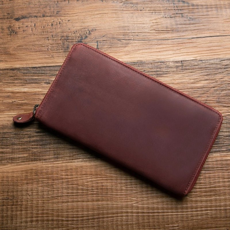 hallelujah All Leather Round Zipper Long Wallet Genuine Leather Men's Women's Name Wine red HAW001 - กระเป๋าสตางค์ - หนังแท้ สีแดง