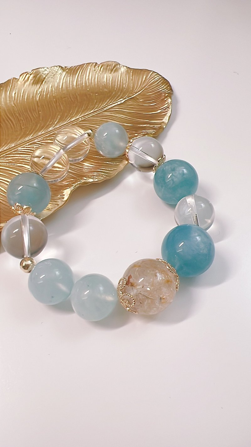 Langlang Qingfeng-LF-210-403~Seawater Sapphire. Oil Gall Herkimon. White Crystal - Bracelets - Semi-Precious Stones 