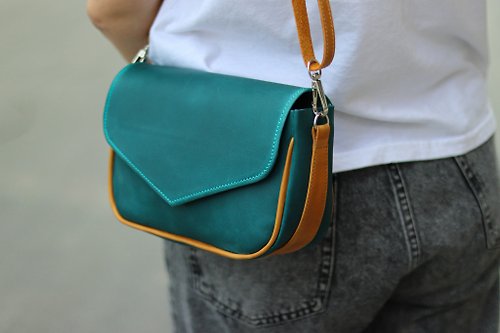 DOMINIC Leather Small Crossbody Bag / Blue-yellow Shoulder Mini Bag / Minimalist Bag