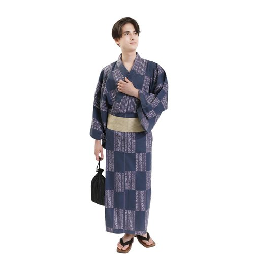 fuukakimono 日本 和服 男 綿 浴衣 腰封 2 件 套組 L Z35-d1 yukata