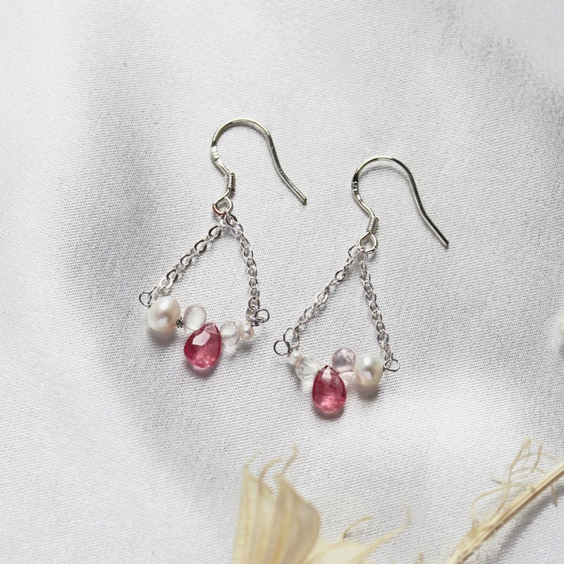 Pink Tourmaline Silver Design Earrings - ต่างหู - เครื่องประดับพลอย สึชมพู