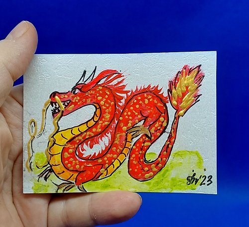 CosinessArt ACEO Golden Dragon #7 Original Collectible Postcard ACEO Zodiac ACEO well-being