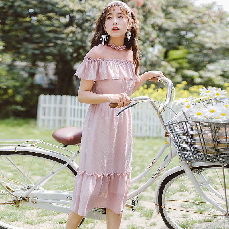 Anne Chen 2019 summer new style literary women's wave point dress dress 8257 - One Piece Dresses - Polyester Pink