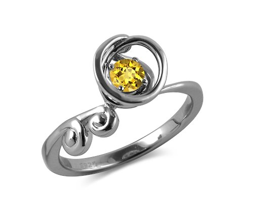 Majade Jewelry Design 黃水晶圓形戒指 11月誕生石單石戒指 簡約波浪形純銀不對稱指環