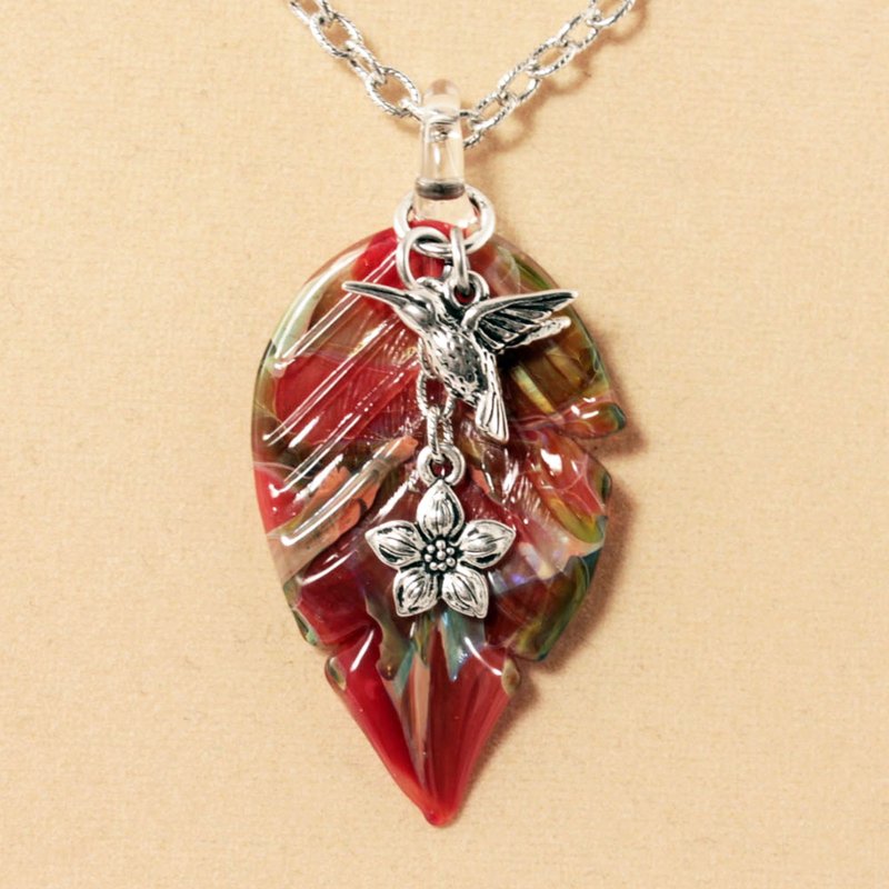 Red Leaf Humming Bird Flower Lampwork Murano Glass Boho Pendant Necklace Jewelry - สร้อยคอ - แก้ว สีแดง