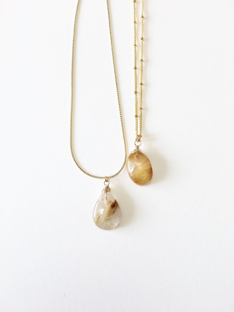 Rutilelated quartz Necklace brass chain, leather cord - สร้อยคอ - หิน สีทอง