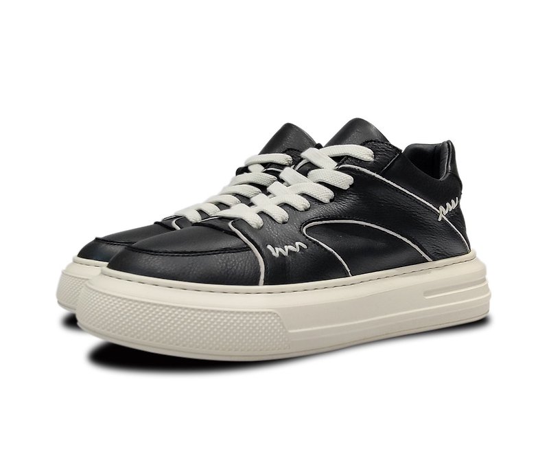 Genuine leather lace-up sports platform shoes-591 - รองเท้าวิ่งผู้ชาย - หนังแท้ สีดำ