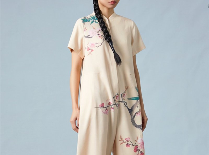 【颯露】新中式復古 立領半袖連體褲 - 女長褲 - 其他材質 卡其色