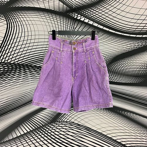 蘿綺莉蕾芭索 二手 紫色 繡花 打褶 口袋 A字型 單寧 高腰 短褲 CA315