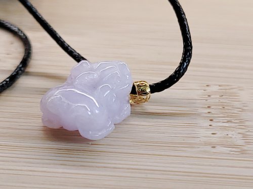 螺絲帽帽工作室 親翠 天然翡翠 冰紫羅蘭手工雕18K金扣頭小貔貅皮繩鎖骨鏈
