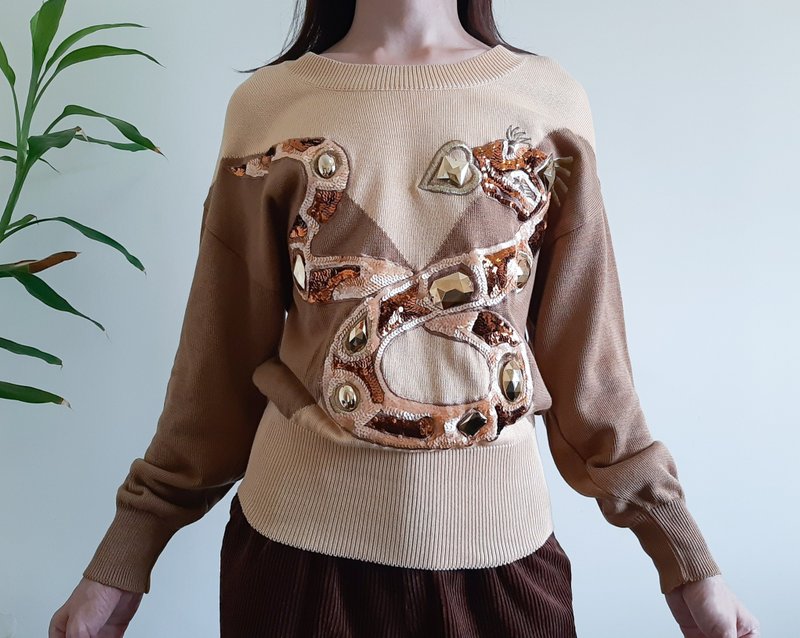 ESCADA 復古毛衣 刺繡蛇亮片毛衣 德國製 - 女毛衣/針織衫 - 棉．麻 咖啡色