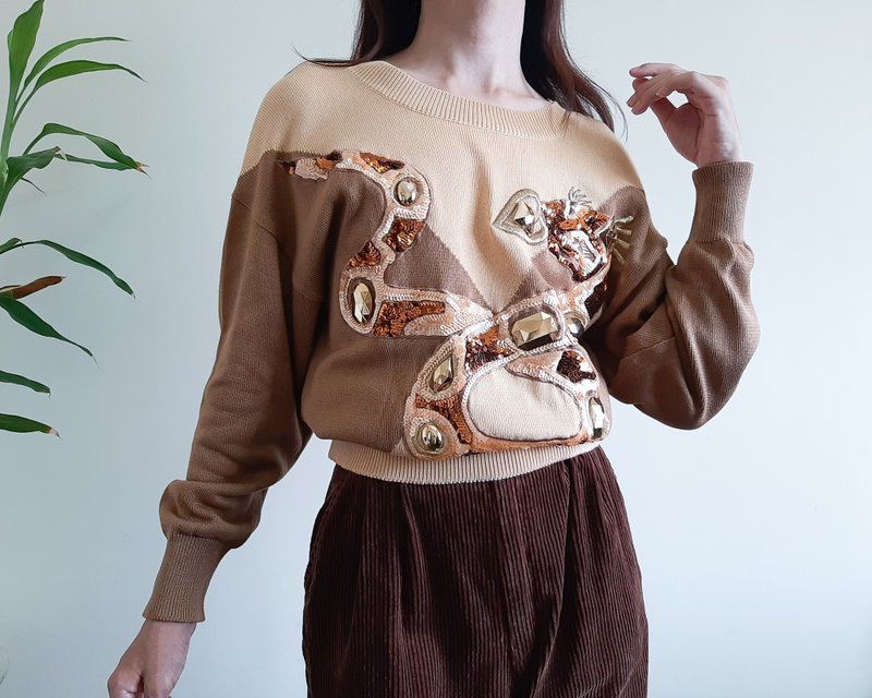 ESCADA 復古毛衣 刺繡蛇亮片毛衣 德國製 - 女毛衣/針織衫 - 棉．麻 咖啡色