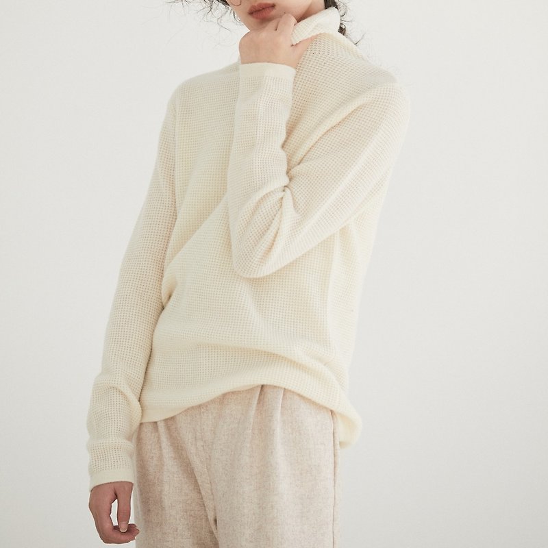 Beige gentle waffle cashmere wool blend sweater Cashmere Australian wool turtleneck sweater - Women's Sweaters - Wool White