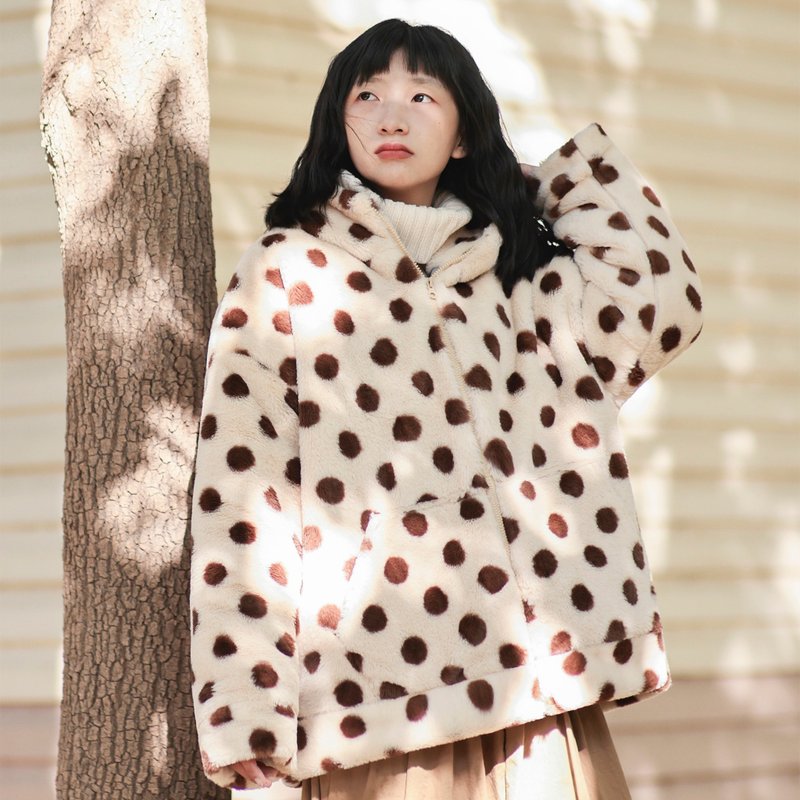 米黃底棕色波點 連帽拉鏈毛絨絨棉服外套 - 女上衣/長袖上衣 - 羊毛 黃色