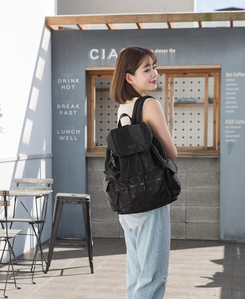 Simple strappy backpack (L) _starry sky black_backpack_fashionable mom bag_can hold laptop - กระเป๋าหูรูด - เส้นใยสังเคราะห์ สีดำ