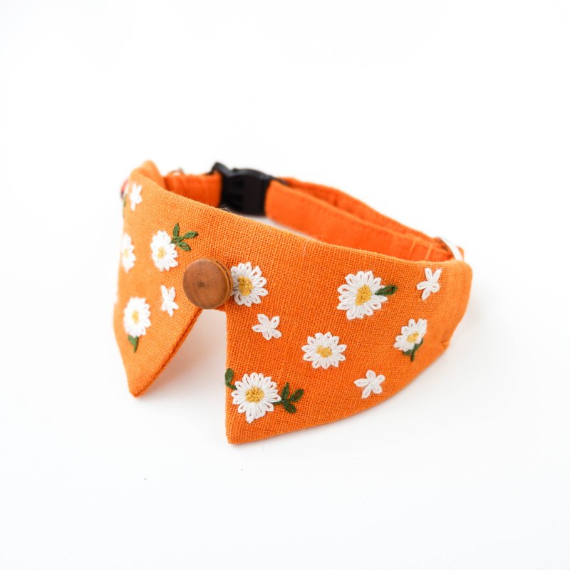Daisies collar set,Removable- Hand Daisies Embroidery collar for cat - Orange - 項圈/牽繩 - 棉．麻 橘色