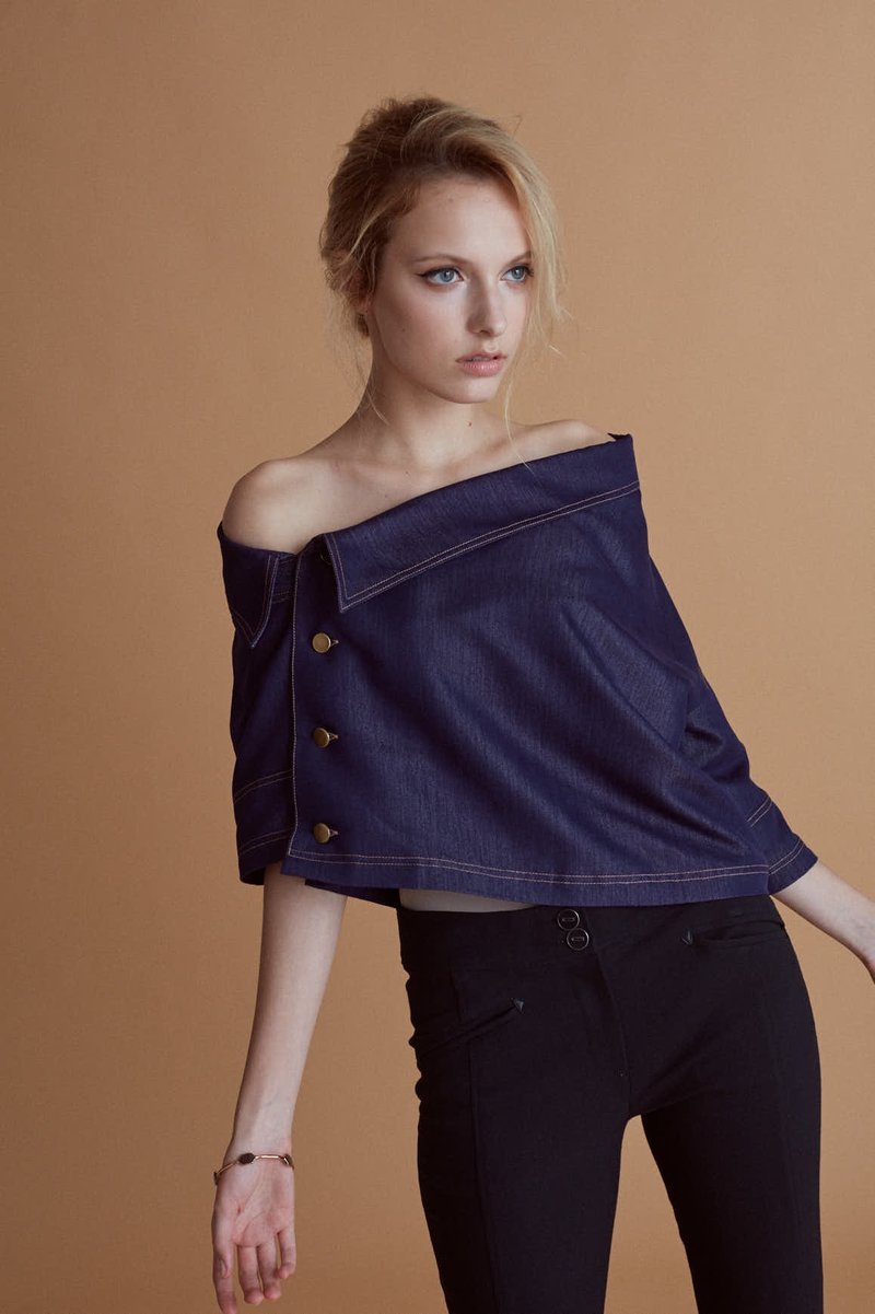 深藍仿牛仔斜領上衣 - 女上衣/長袖上衣 - 其他材質 