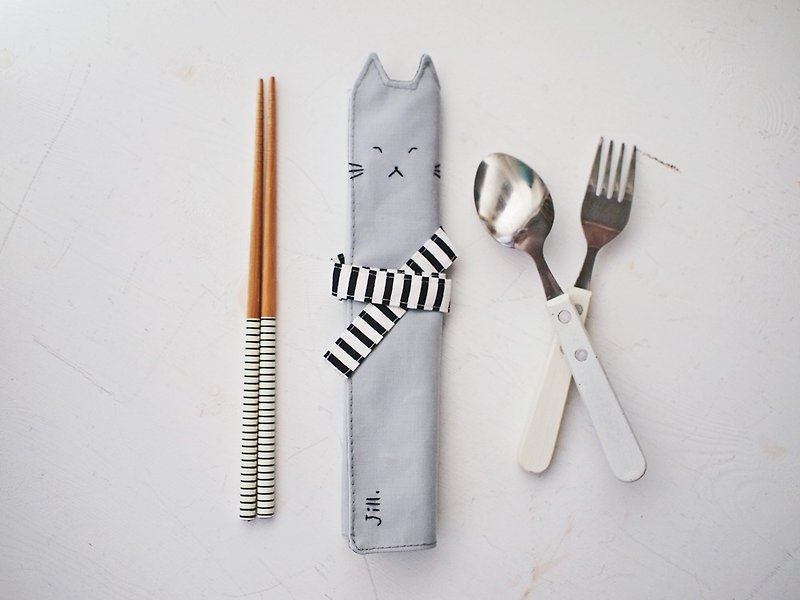 Hairmo Proud Cat Eco-friendly Chopsticks Set/Tableware Bag/Pen Case-Light Grey (banding stripes or dots) - ตะเกียบ - ผ้าฝ้าย/ผ้าลินิน สีเทา