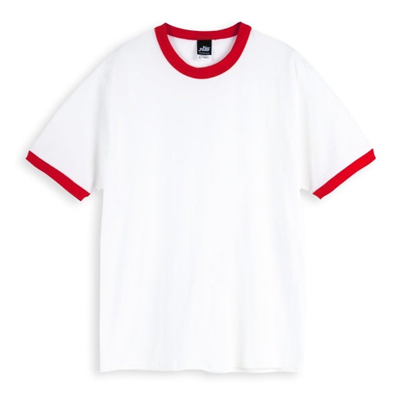 滾邊短袖T恤 - 白紅 - 男 T 恤 - 棉．麻 