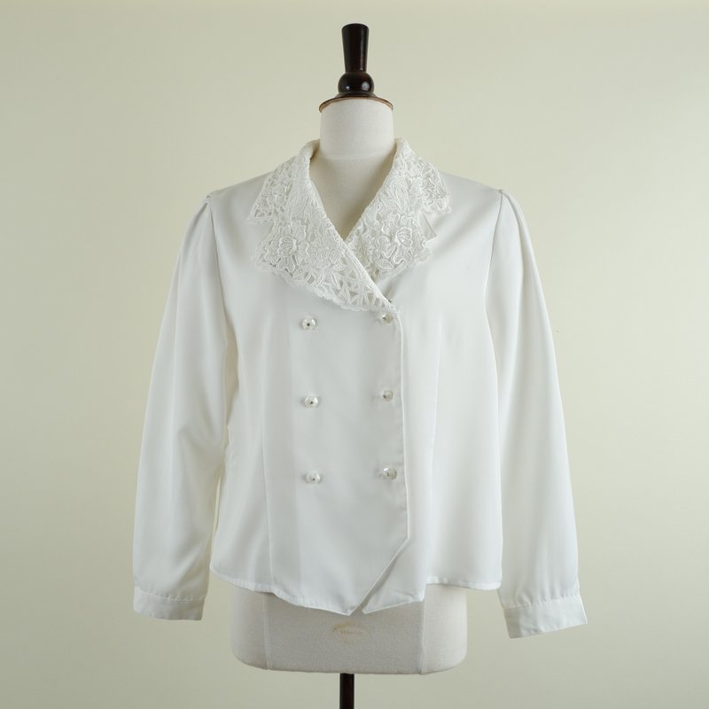 Vintage Off White Long Sleeve Blouse With Lace Collar - Women's Tops - Polyester White