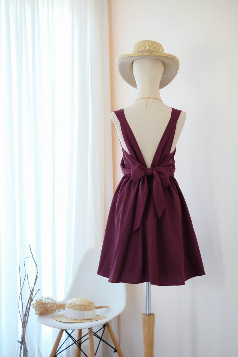 Maroon Dress Bridesmaid dress backless party Cocktail short dress - 禮服/小禮服 - 聚酯纖維 紅色