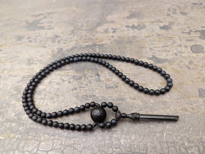 Raw Black Tourmaline pendant and Black Onyx necklace mala rosary 108 prayer bead - Necklaces - Gemstone Black