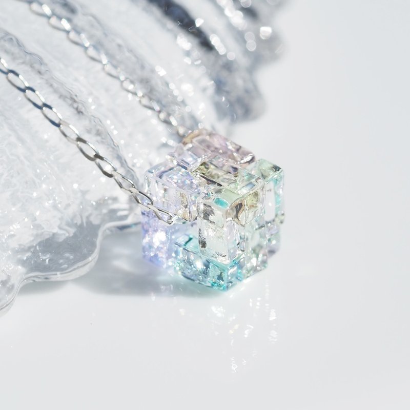 【Special】立方体ガラス(キューブ【ミニ】【夢】)シルバー925チェーンネックレス(アジャスター付属)【受注制作】 - 項鍊 - 玻璃 粉紅色