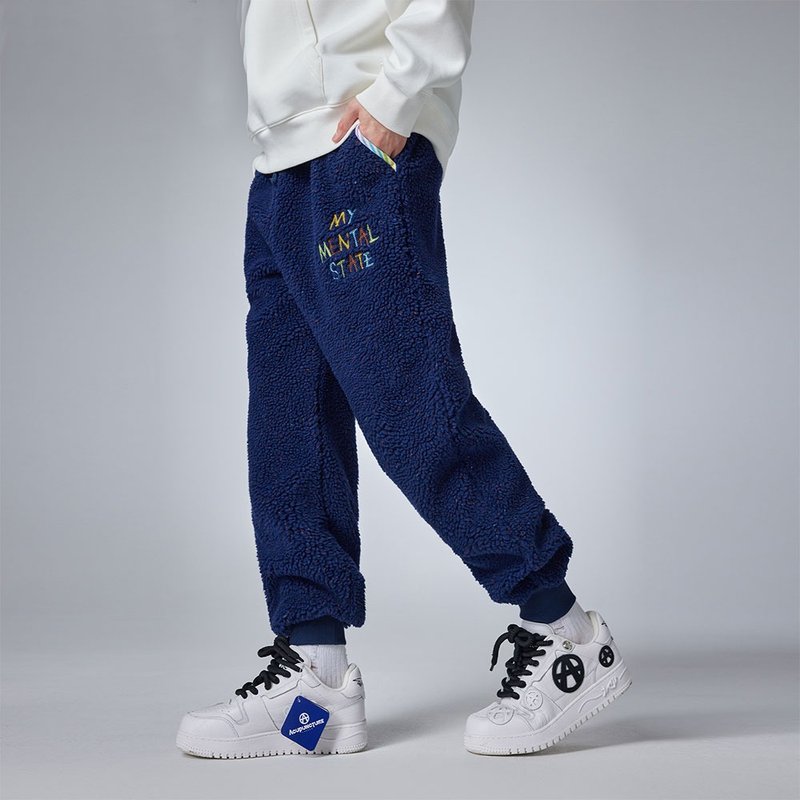 Winter Blue Baby Blue Woolen Men's Thick-Fitting Sports Pants - กางเกงขายาว - ผ้าฝ้าย/ผ้าลินิน สีน้ำเงิน