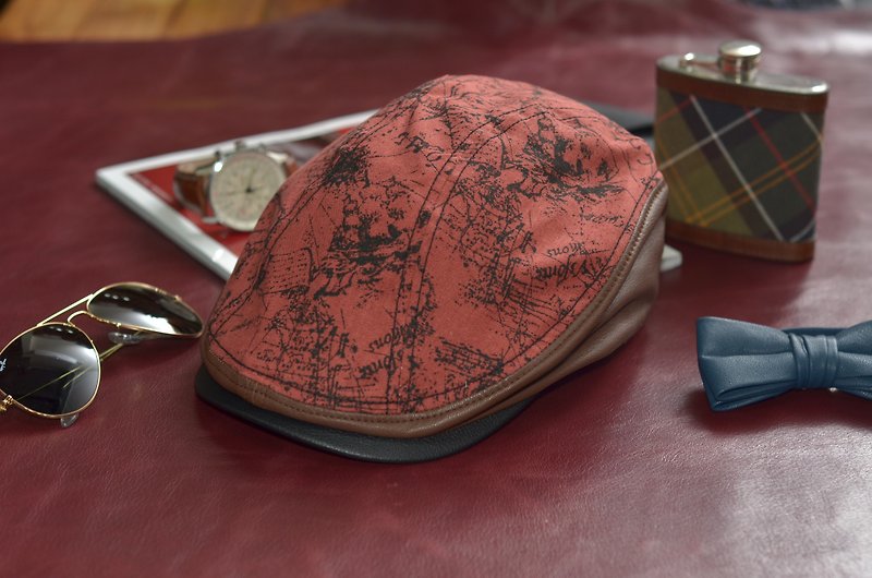 狩獵帽 MAJORLIN 羊皮拼接扁帽 紅色地圖 復古鴨舌帽 - 帽子 - 棉．麻 紅色
