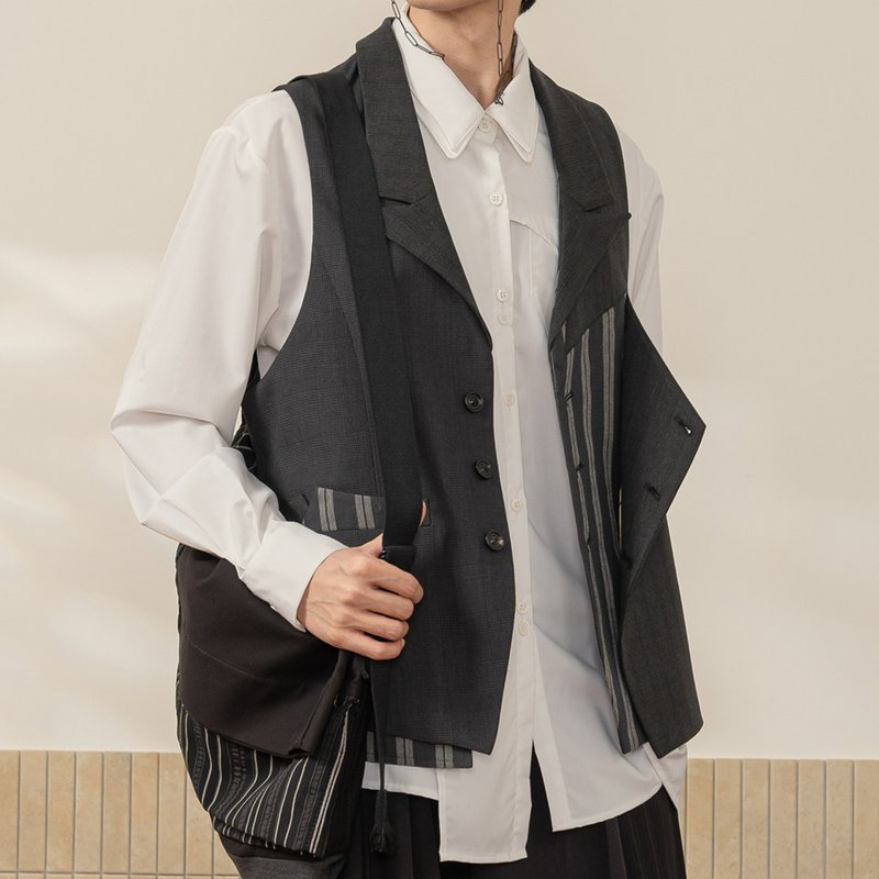 【詠嘆】森系復古 格條紋拼接雙層翻頁腰帶馬甲 - 男夾克/外套 - 其他材質 灰色