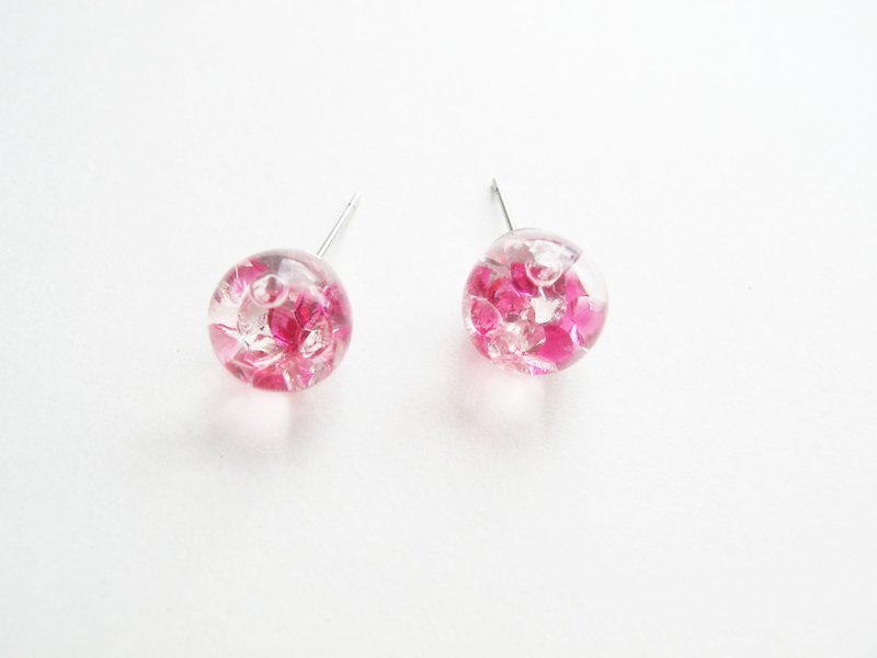 ＊Rosy Garden＊Pink crystal water inside glass ball stud earrings - ต่างหู - แก้ว สึชมพู