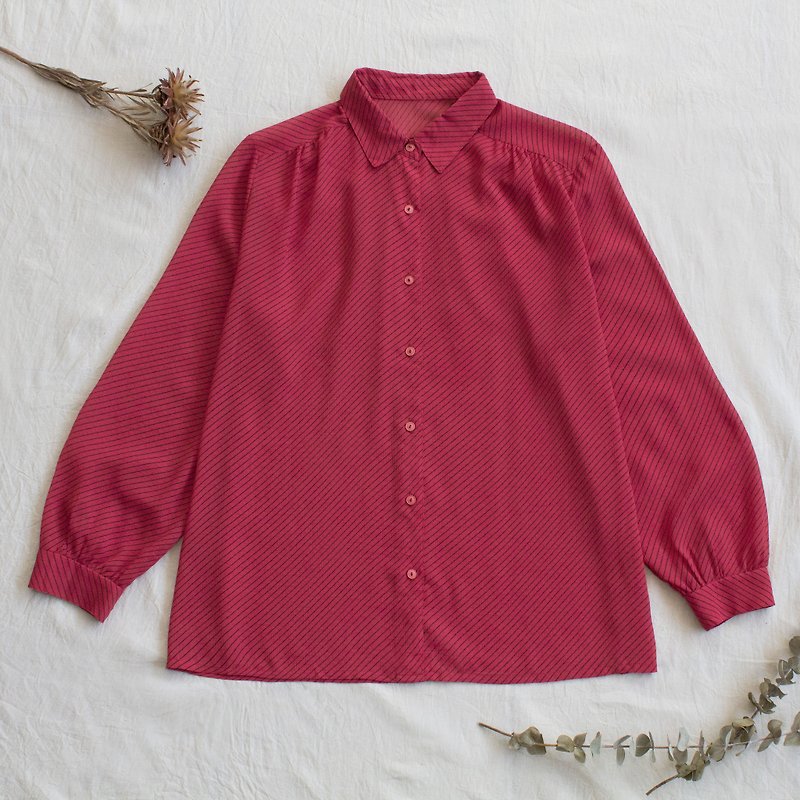 斜紋乾燥紅古著長袖襯衫 - 女襯衫 - 聚酯纖維 紅色